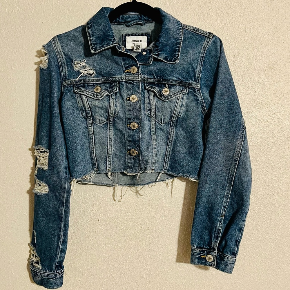 Distressed Forever 21 small cropped denim jacket